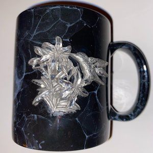 Hummingbird Mug carved silver pewter. Black marbled effect.